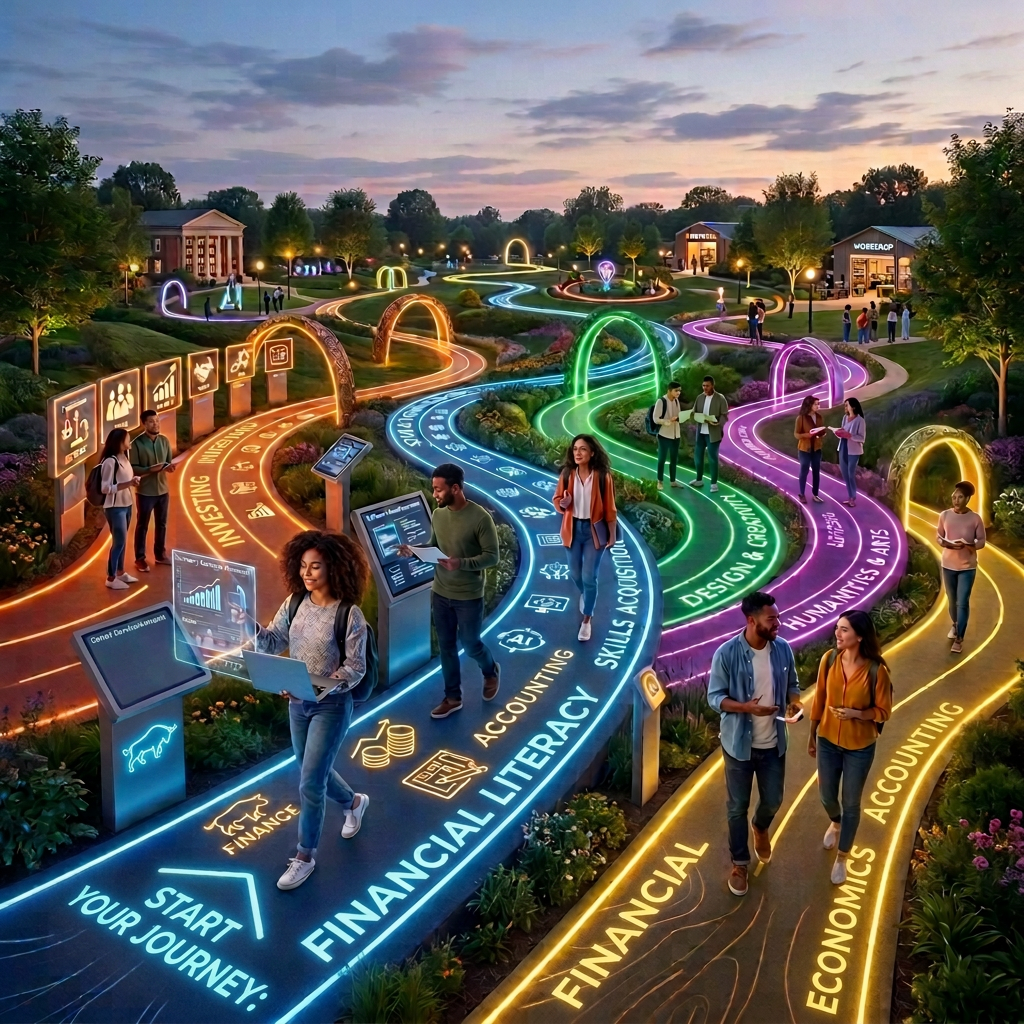 Visitors explore glowing paths labeled financial literacy, accounting, economics, and humanities arts